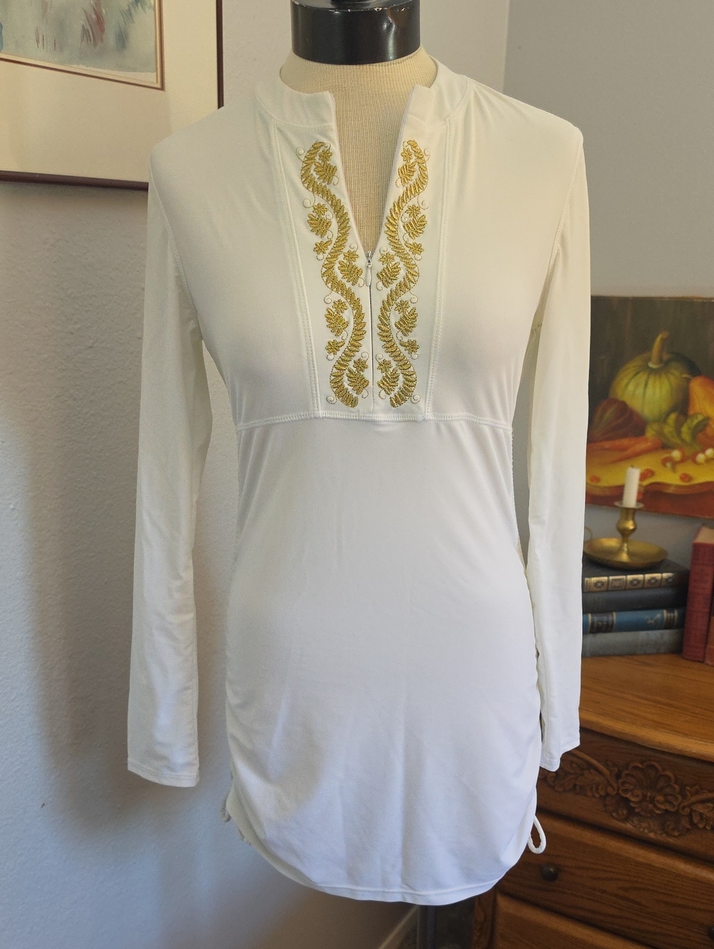 Cabana Life White Long-Sleeve Cover Up Poolside Dress Gold Embroidery Ruched M